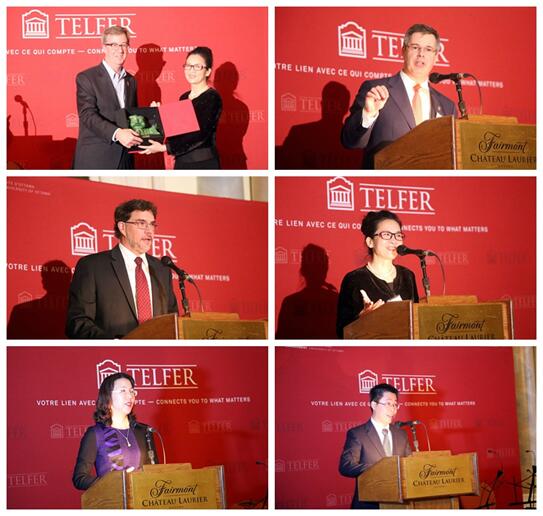 左上：我院副院长刘静艳教授向渥太华市长Jim Watson赠送纪念品  右上：渥太华大学副校长Monsieur Louis de Melo讲话  左中：渥太华大学Telfer402永利集团官网院长Monsieur François Julie讲话  右中：我院副院长刘静艳教授讲话  左下：我院EMBA学生代表容海明发言  右下：我院EMBA学生代表罗毅发言
